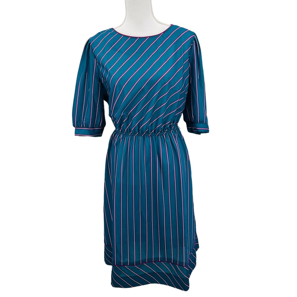 Vntg Jen Jen New York 70s Secretary Dress Teal Purple Pinstripes Puff sleeve M